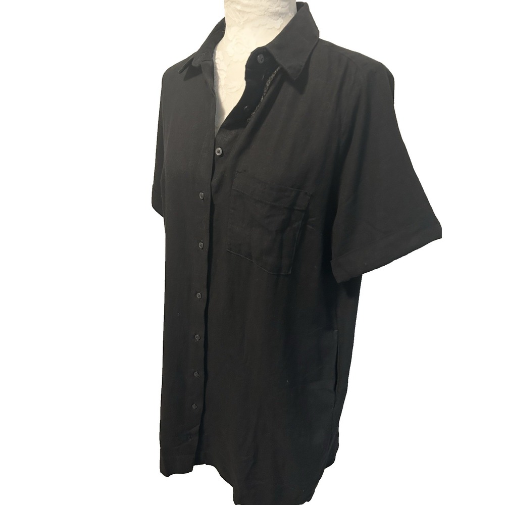 Old Navy Linen Bld Short Shirt Dress ~M~Black Short Sleeve Pkts Minimalist NEW